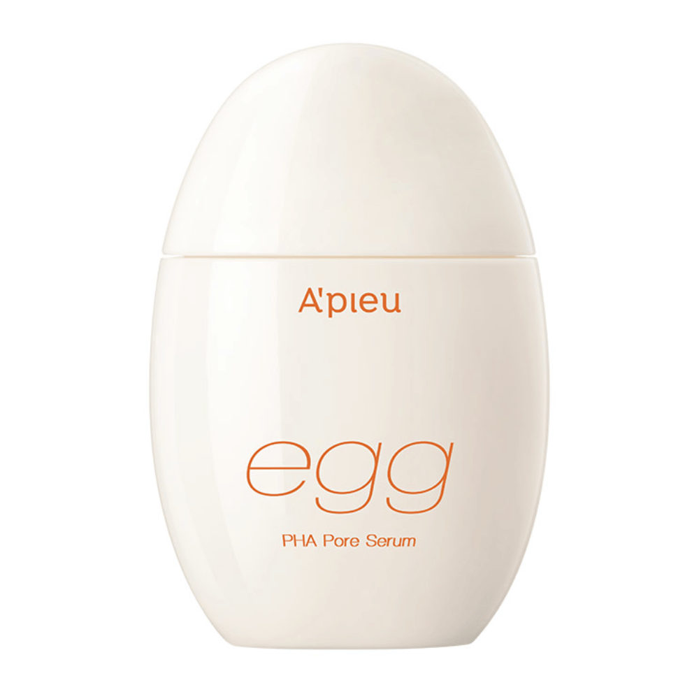 A’pieu Egg PHA Pore Serum munanmuotoisessa, beigenvärisessä pakkauksessa oranssilla tekstillä – korealainen seerumi, joka kuorii kevyesti ja minimoi huokosia.