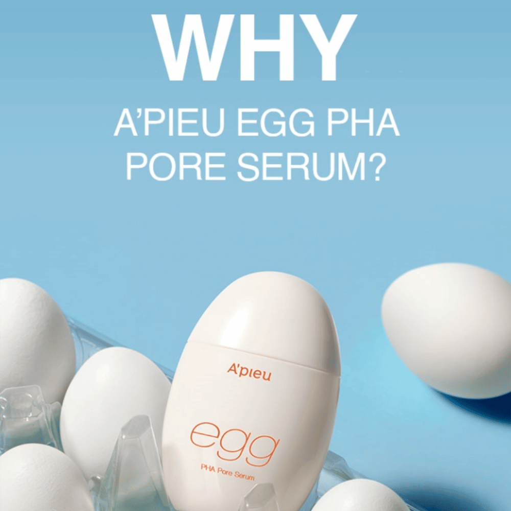 A’pieu Egg PHA Pore Serum munanmuotoisessa pakkauksessa valkoisten munien joukossa munakennossa – korealainen seerumi hienostuneille huokosille ja hellävaraiseen kuorintaan.