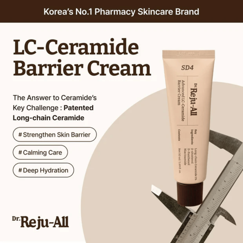 Dr. Reju-All Advanced LC-Ceramide Barrier Cream Koreasta – suojavoide, jossa on patentoituja pitkäketjuisia keramideja syvälle kosteuttamiseen, rauhoittavaan hoitoon ja ulkoisilta ärsytyksiltä suojaamiseen.