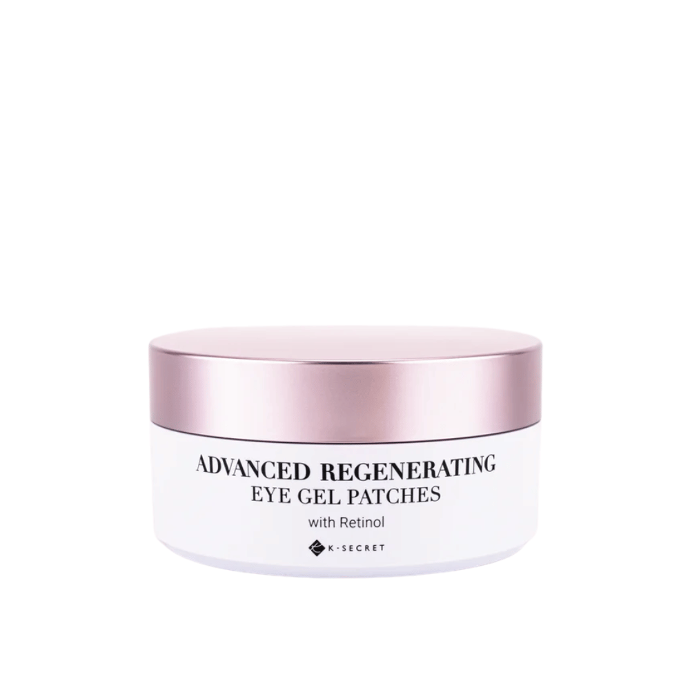 Purkki, jossa on K-Secret Advanced Regenerating Eye Gel Patches retinolilla ja vaaleanpunaisella kannella.