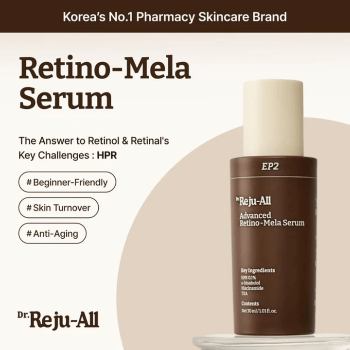 Dr. Reju-All Advanced Retino-Mela Serum EP2 – HPR-pohjainen retinolivaihtoehto, joka on hellävaraisempi kuin retinoli ja retinal, kehitetty tasaisemmalle ihonsävylle, ihon uudistumiseen ja ikääntymisen ehkäisyyn.