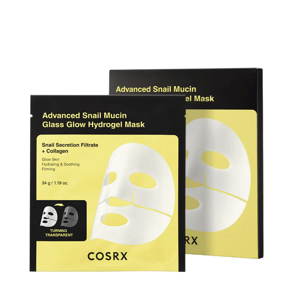 Pakkaus COSRX Advanced Snail Mucin Glass Glow Hydrogel Mask – kosteuttava naamio etanaseerumilla ja kollageenilla.