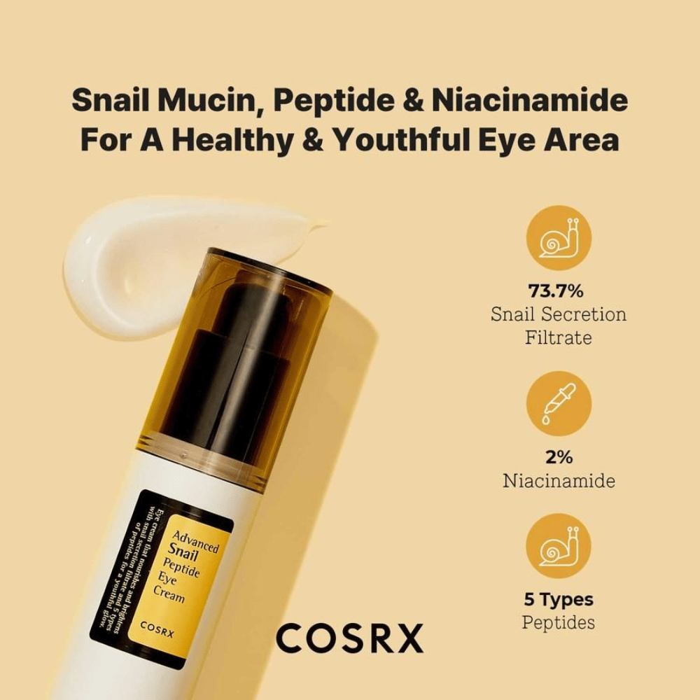 COSRX Advanced Snail Peptide Eye Cream 25 ml etanaseerumilla, peptideillä ja niasiiniamidilla kiinteämmälle iholle ja tasaisemmalle ihonsävylle silmien ympärillä
