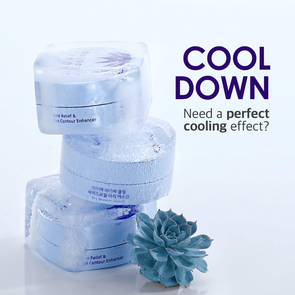 Kampanjakuva tuotteesta PETITFEE Agave Cooling Hydrogel Eye Mask jäisen ja viilentävän teeman kanssa. Kuva korostaa tuotteen viilentävää vaikutusta ja raikasta tunnetta väsyneille silmille.