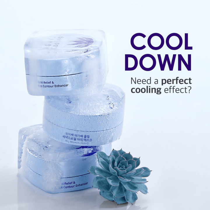 Kampanjakuva tuotteesta PETITFEE Agave Cooling Hydrogel Eye Mask jäisen ja viilentävän teeman kanssa. Kuva korostaa tuotteen viilentävää vaikutusta ja raikasta tunnetta väsyneille silmille.