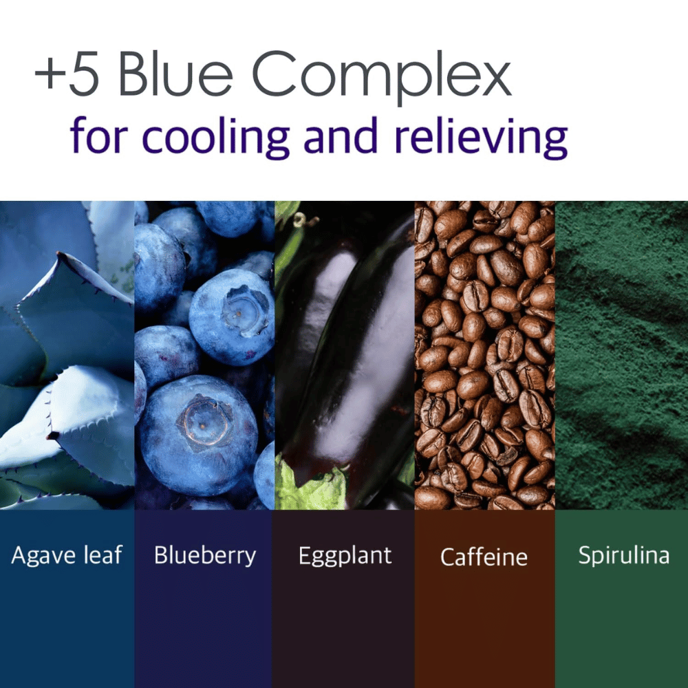 Tietokuva “5 Blue Complex” -yhdistelmästä, jonka ainesosia ovat agaavenlehdet, mustikka, munakoiso, kofeiini ja spirulina. Painopiste on ihon viilentävissä ja rauhoittavissa ominaisuuksissa.