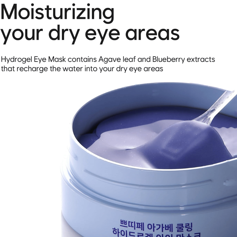 Tuotekuva tuotteesta Agave Cooling Hydrogel Eye Mask, jossa keskitytään silmien ympärillä olevien kuivien alueiden kosteutukseen. Kuvassa näkyvät hydrogeelikoostumus ja mukana tuleva lasta.