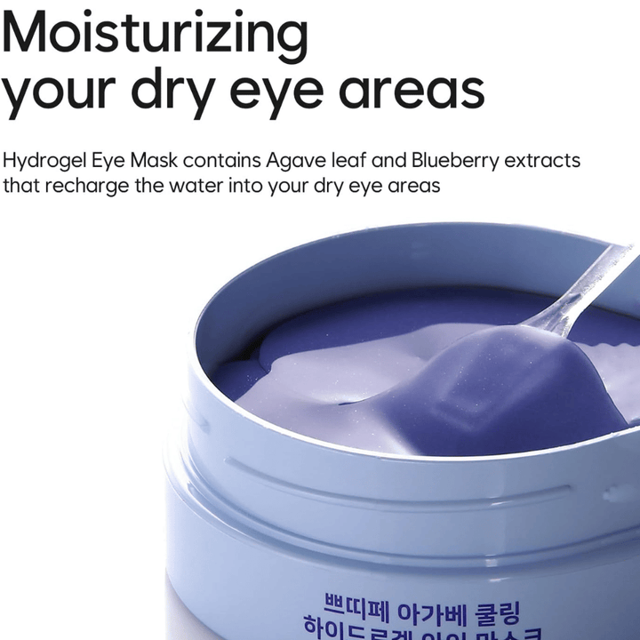 Tuotekuva tuotteesta Agave Cooling Hydrogel Eye Mask, jossa keskitytään silmien ympärillä olevien kuivien alueiden kosteutukseen. Kuvassa näkyvät hydrogeelikoostumus ja mukana tuleva lasta.