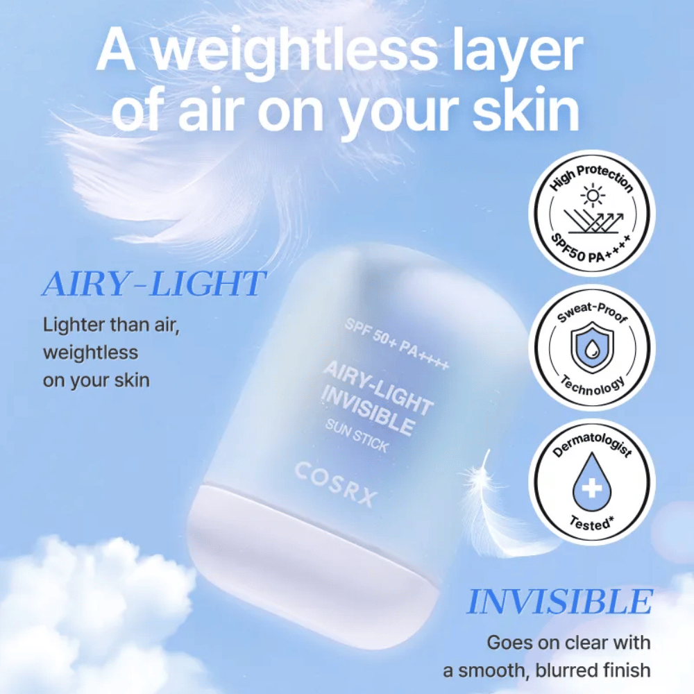 COSRX Airy-Light Invisible Sun Stick – ultrakevyt aurinkosuoja, jossa SPF 50+ ja PA++++, antaa painottoman, näkymättömän viimeistelyn.