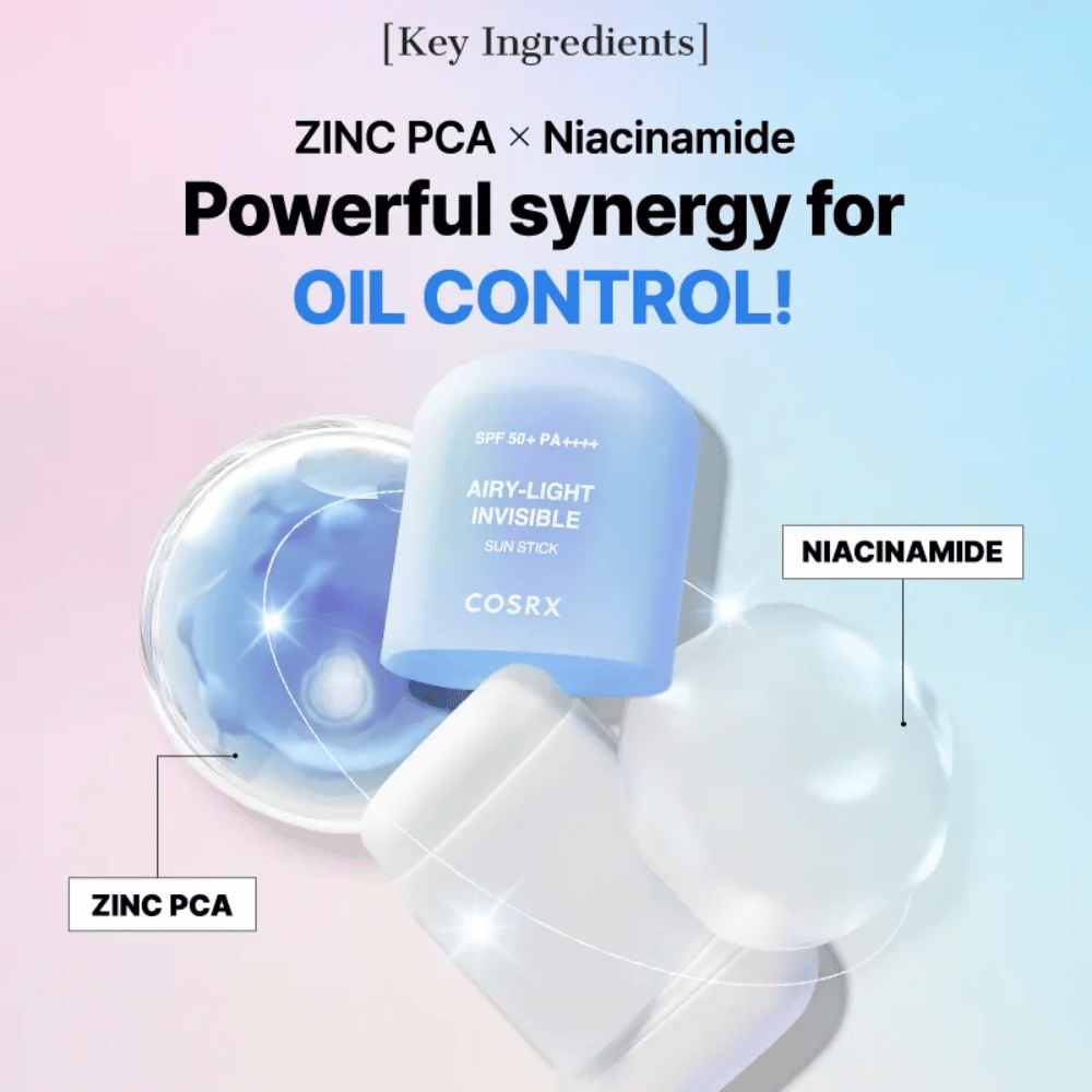 Avainainesosat COSRX Airy-Light Invisible Sun Stick – Sinkki PCA ja Niacinamide tehokkaaseen talin hallintaan ja kirkkaalle iholle.