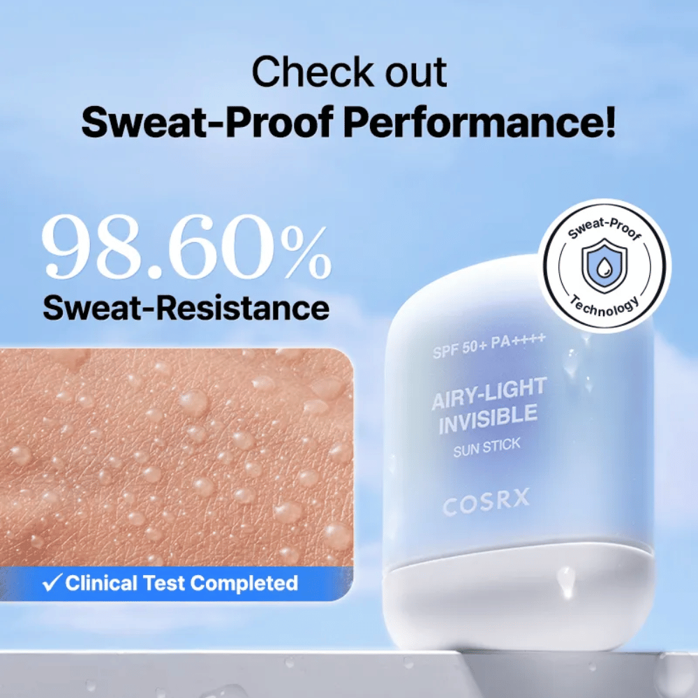 COSRX Airy-Light Invisible Sun Stick 98,6 % hikoilunkestävyys – todistettu sweat-proof teknologia pitkäkestoiseen suojaan.