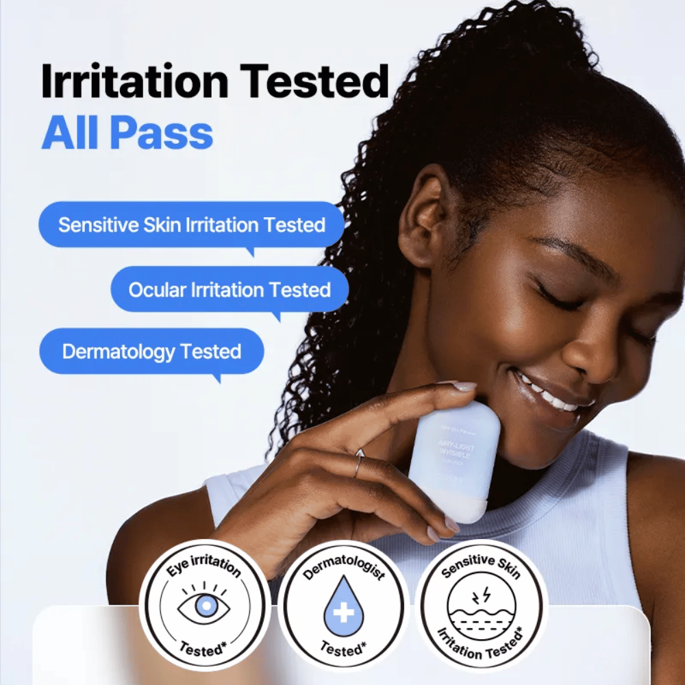 Kliinisesti testattu COSRX Airy-Light Invisible Sun Stick – testattu herkälle iholle, silmien ärsytykselle ja dermatologisesti hyväksytty.