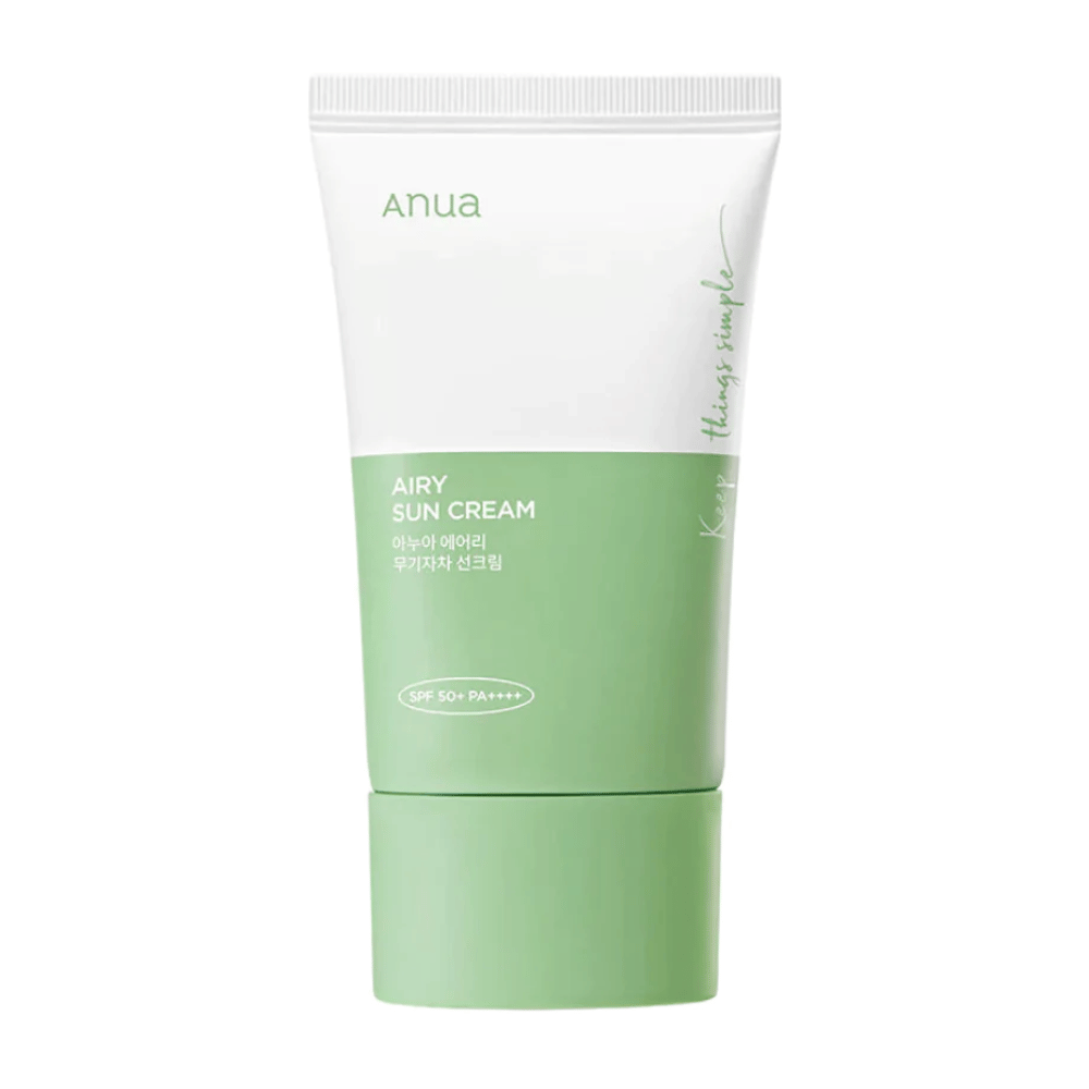 Putkilo Anua Airy Sun Cream SPF 50+ PA++++ valkoisella taustalla.