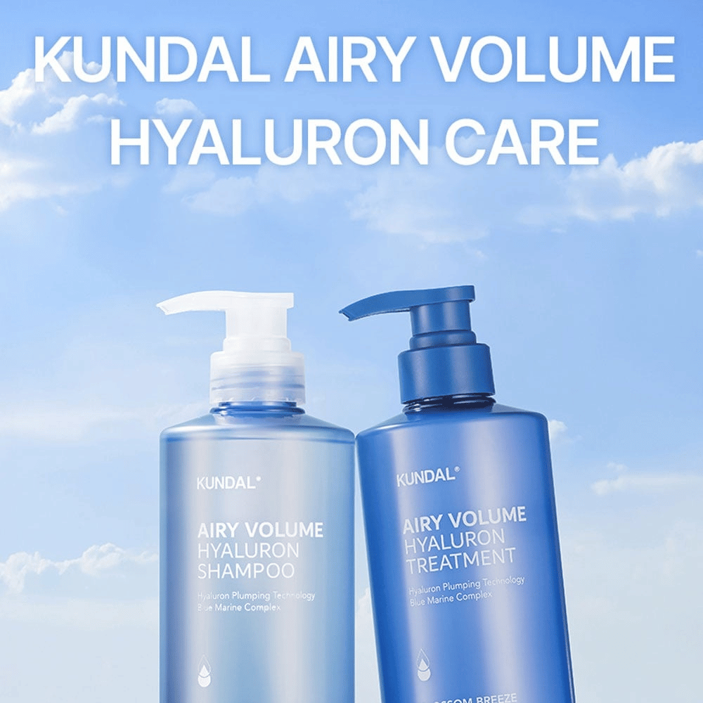 KUNDAL Airy Volume Hyaluron Shampoo ja Treatment sinisissä pumppupulloissa, hiustenhoito hyaluronilla ja Blue Marine Complexilla.
