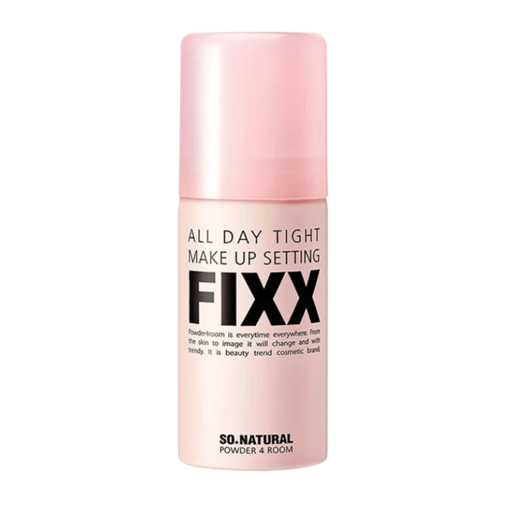 5. So Natural All Day Tight Make Up Setting Fixx – vaaleanpunainen meikinkiinnityssuihke valkoista taustaa vasten