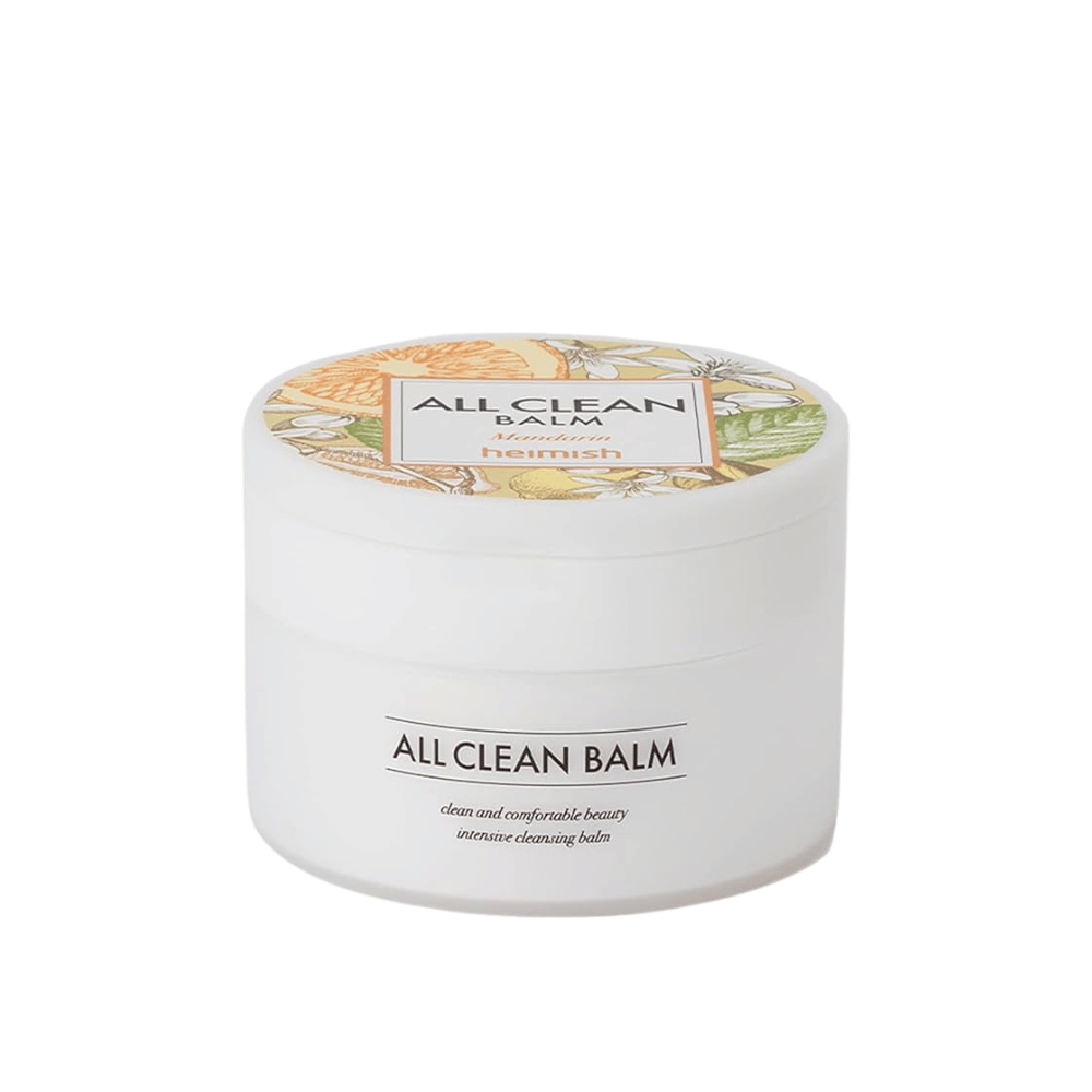 Purkki Heimish All Clean Balm mandariinin tuoksuisella, intensiivisellä puhdistusbalmilla, värikkäällä etiketillä ja valkoisella pakkauksella.