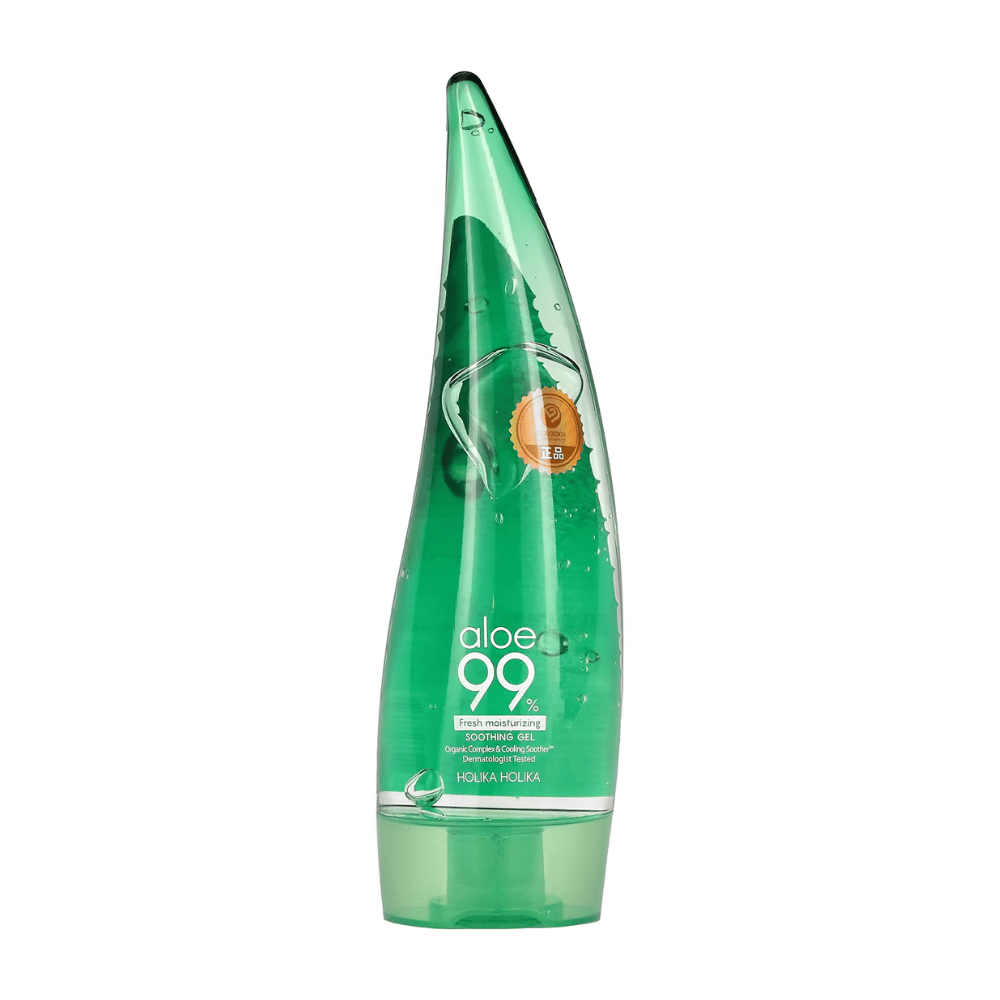 Vihreä, aloe-muotoinen pullo, jossa on Holika Holika Aloe 99% Soothing Gel. Pullo sisältää rauhoittavaa geeliä ja siinä on teksti, joka kuvaa tuotteen kosteuttavia ja rauhoittavia ominaisuuksia.