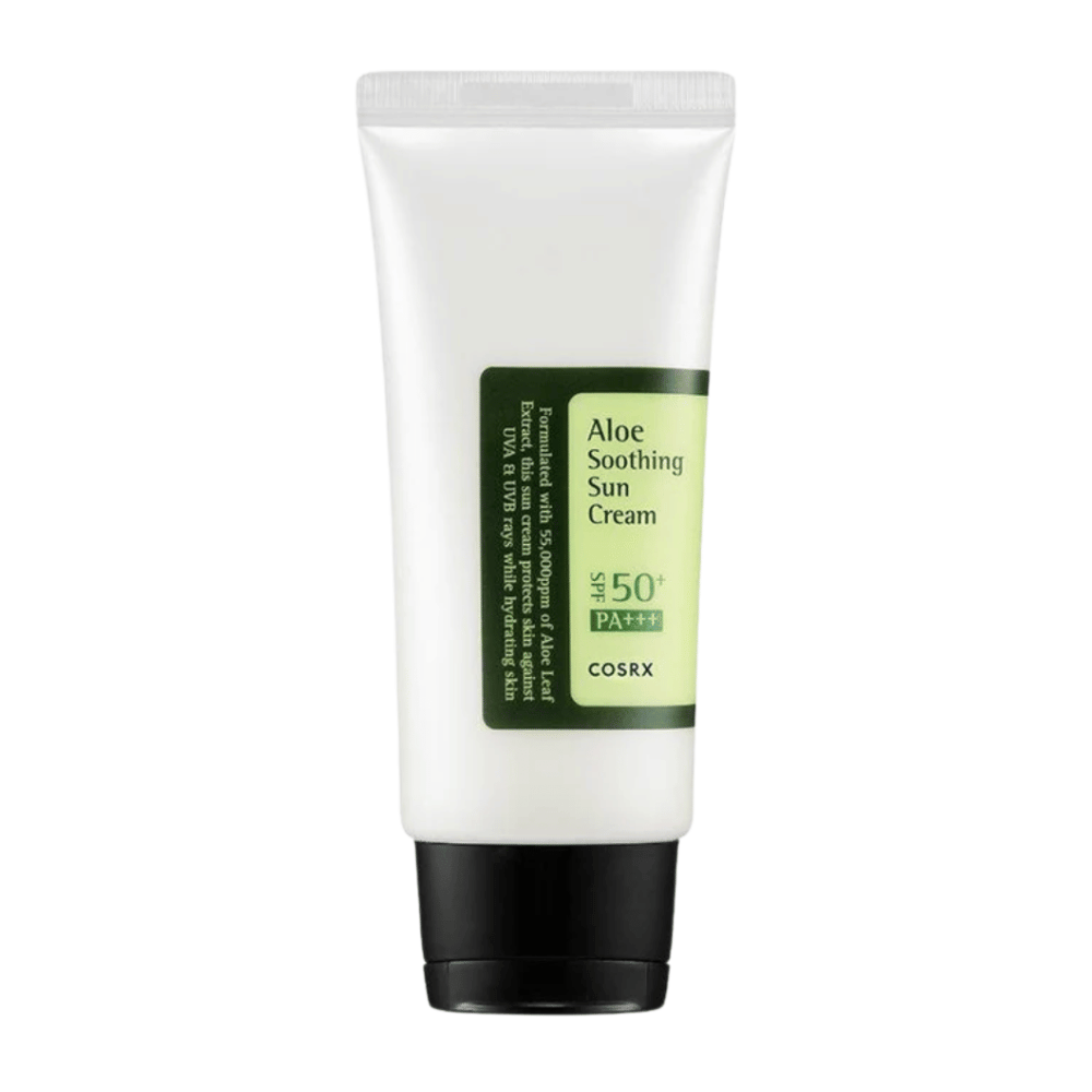 COSRX Aloe Soothing Sun Cream SPF 50+ PA+++ valkoinen putki mustalla korkilla – aurinkovoide aloe veralla, joka suojaa ja rauhoittaa ihoa.