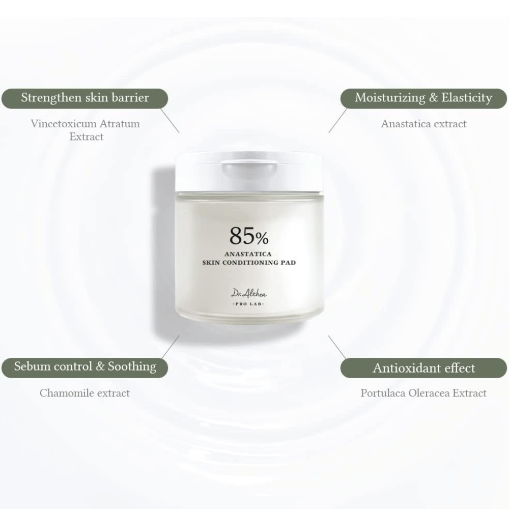 Dr. Althea 85% Anastatica Skin Conditioning Pad Anastatica-uutteella, kamomillalla, purslaanilla ja Vincetoxicum-uutteella, jotka vahvistavat ihon suojamuuria ja rauhoittavat ihoa.