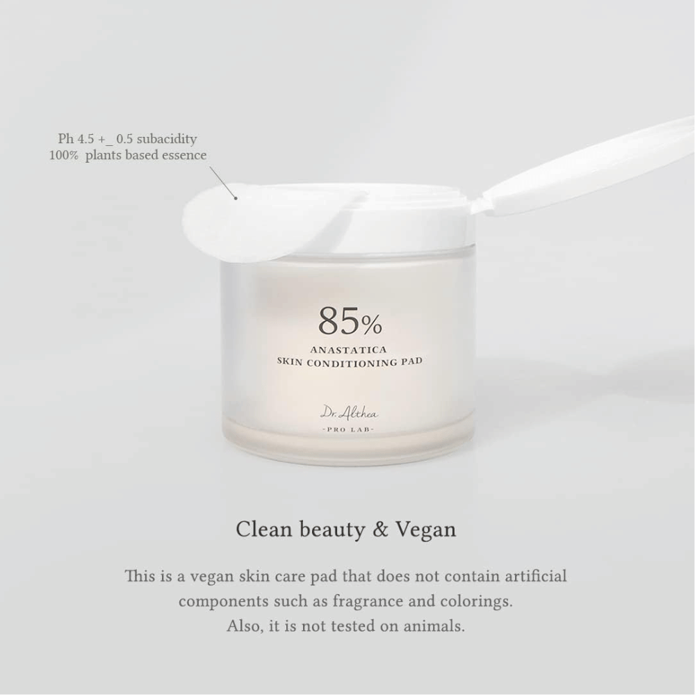 Dr. Althea 85% Anastatica Skin Conditioning Pad ovat vegaanisia kasvovesityynyjä ilman keinotekoisia tuoksu- ja väriaineita, kehitetty herkälle iholle.