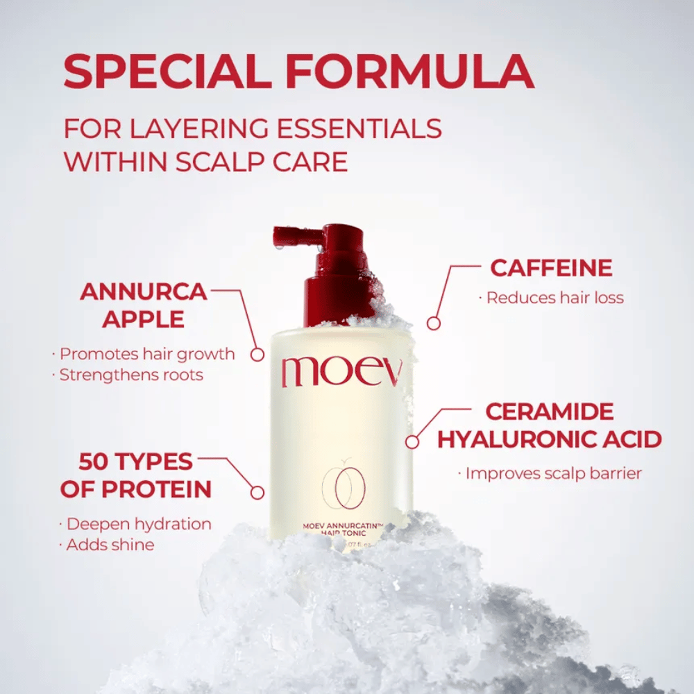 MOEV Annurcatin Hair Tonic – edistynyt kaava Annurca-omenalla, kofeiinilla ja hyaluronihapolla, joka vahvistaa hiuksia ja hiuspohjaa.