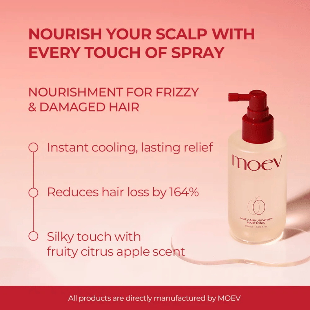 MOEV Annurcatin Hair Tonic – hoitava spray, joka vähentää hiustenlähtöä, viilentää hiuspohjaa ja antaa raikkaan sitrustuoksun.