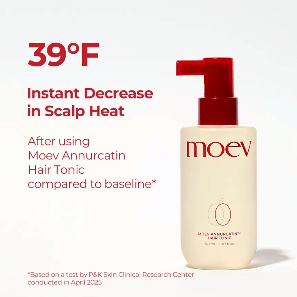 MOEV Annurcatin Hair Tonic – kliinisesti testattu hiustenhoito, joka viilentää hiuspohjaa ja vähentää lämpöä jopa 39°F terveemmille hiuksille.