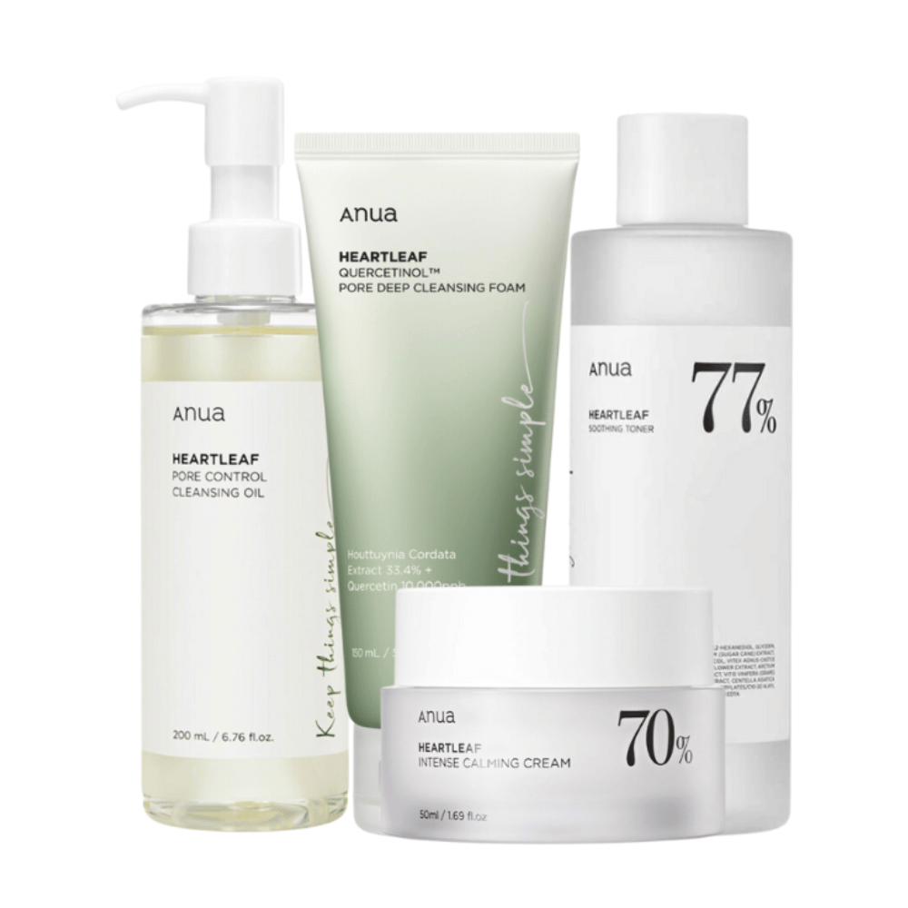 Sarja ihonhoitotuotteita Anua, sisältäen Heartleaf Pore Control Cleansing Oil, Heartleaf 77% Soothing Toner, Heartleaf Quercetin+ Pore Deep Cleansing Foam, ja Heartleaf 70% Intense Calming Cream. Nämä tuotteet on formuloitu sydänlehdellä ja muilla rauhoittavilla ainesosilla, suunniteltu vähentämään huokosia, rauhoittamaan ja kosteuttamaan ihoa.