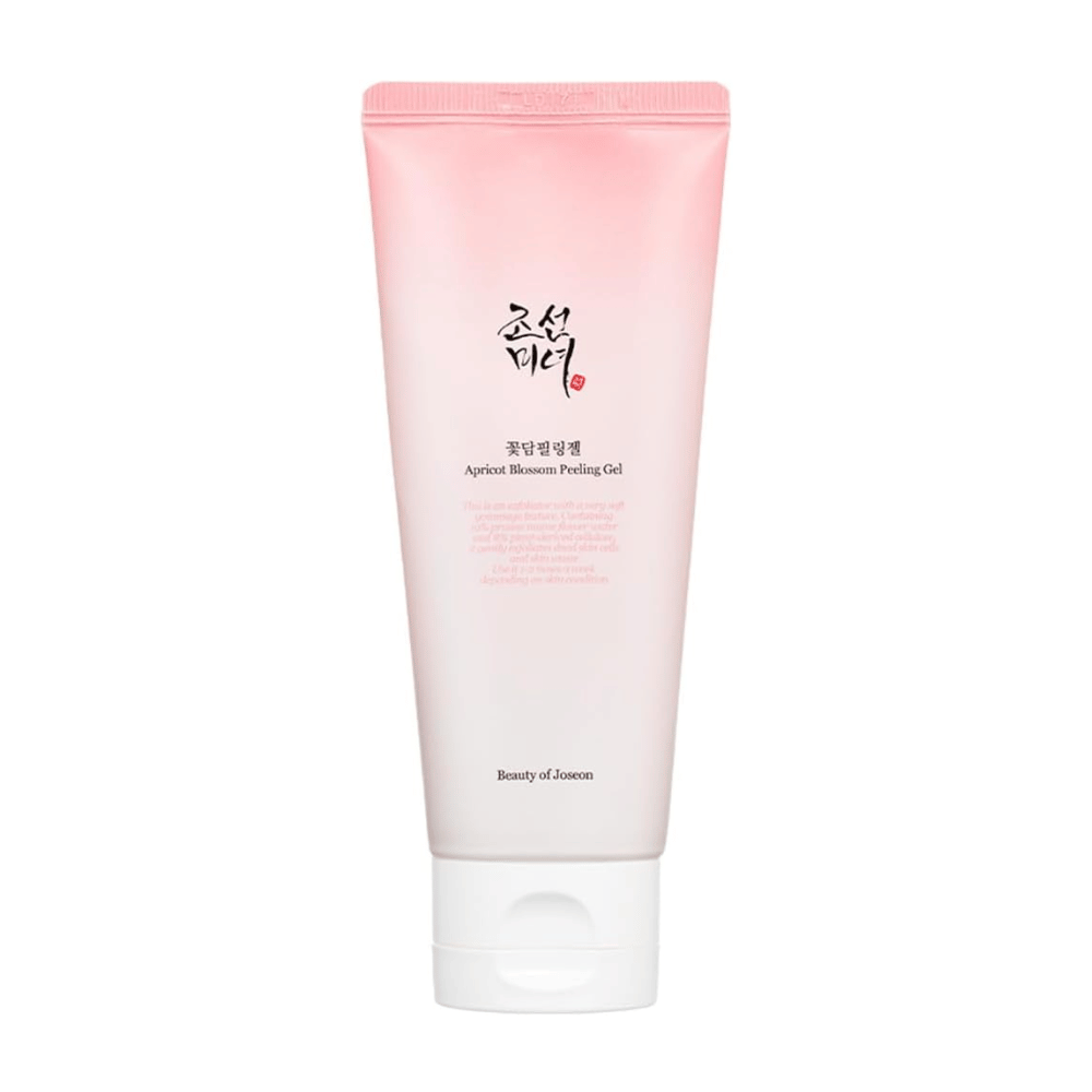 Vaaleanpunainen putki, jossa on Apricot Blossom Peeling Gel, Beauty of Joseon valkoisella taustalla.