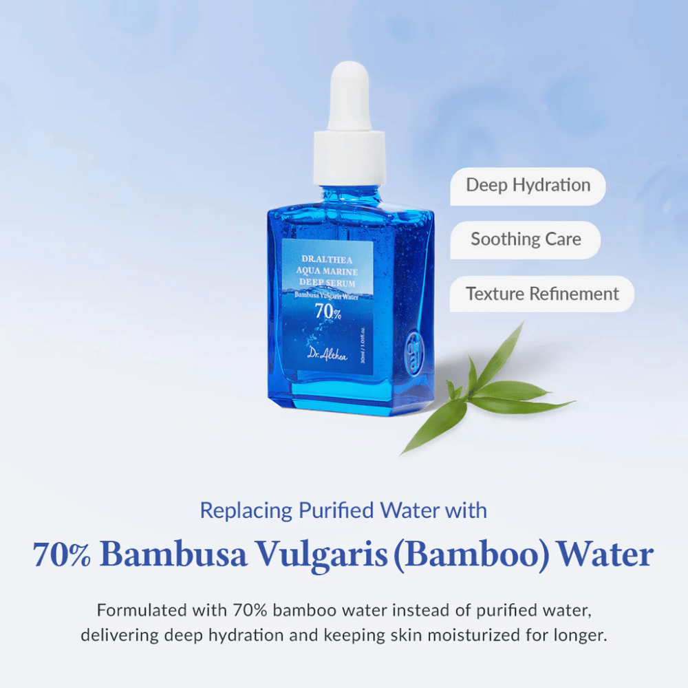 Dr. Althea Aqua Marine Deep Serum sinisessä lasipullossa pipetillä, valmistettu 70 % Bambusa Vulgaris (bambu) vedestä syvään kosteutukseen, rauhoittavaan hoitoon ja parannettuun ihon rakenteeseen.