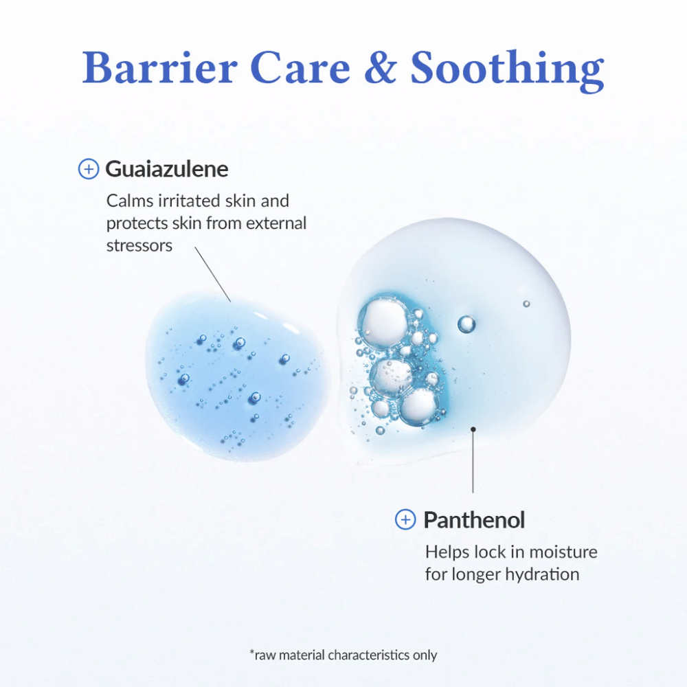 Barrier Care & Soothing Dr. Althea Aqua Marine Deep Serum guaiazulenilla, joka rauhoittaa ärtynyttä ihoa ja suojaa ulkoiselta stressiltä, sekä panthenolilla, joka sitoo kosteutta ja vahvistaa ihon suojaa pitkäkestoiseen kosteutukseen.