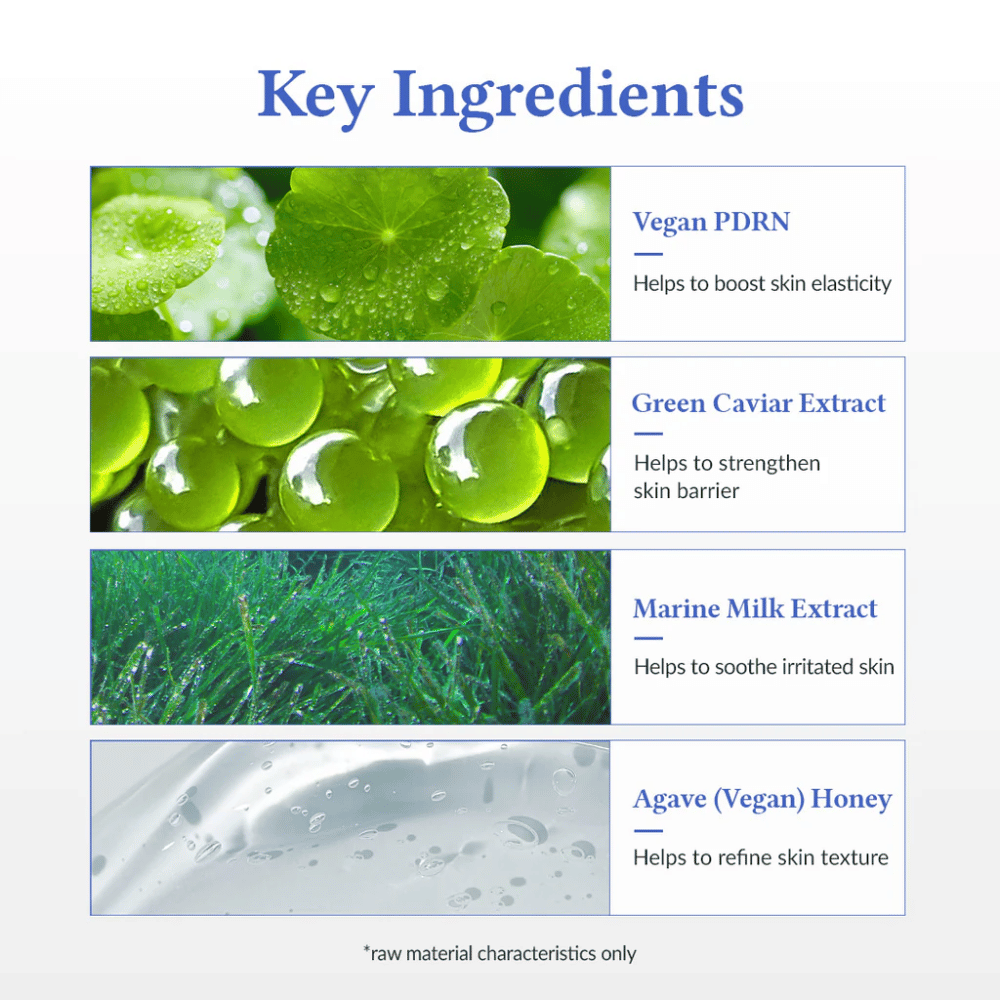 Keskeiset ainesosat Dr. Althea Aqua Marine Deep Serum – Vegaaninen PDRN kimmoisuudelle, Green Caviar Extract, joka vahvistaa ihon suojaa, Marine Milk Extract, joka rauhoittaa ihoa, ja Agave (vegaaninen hunaja) tasaisemman ihon rakenteen saavuttamiseksi.