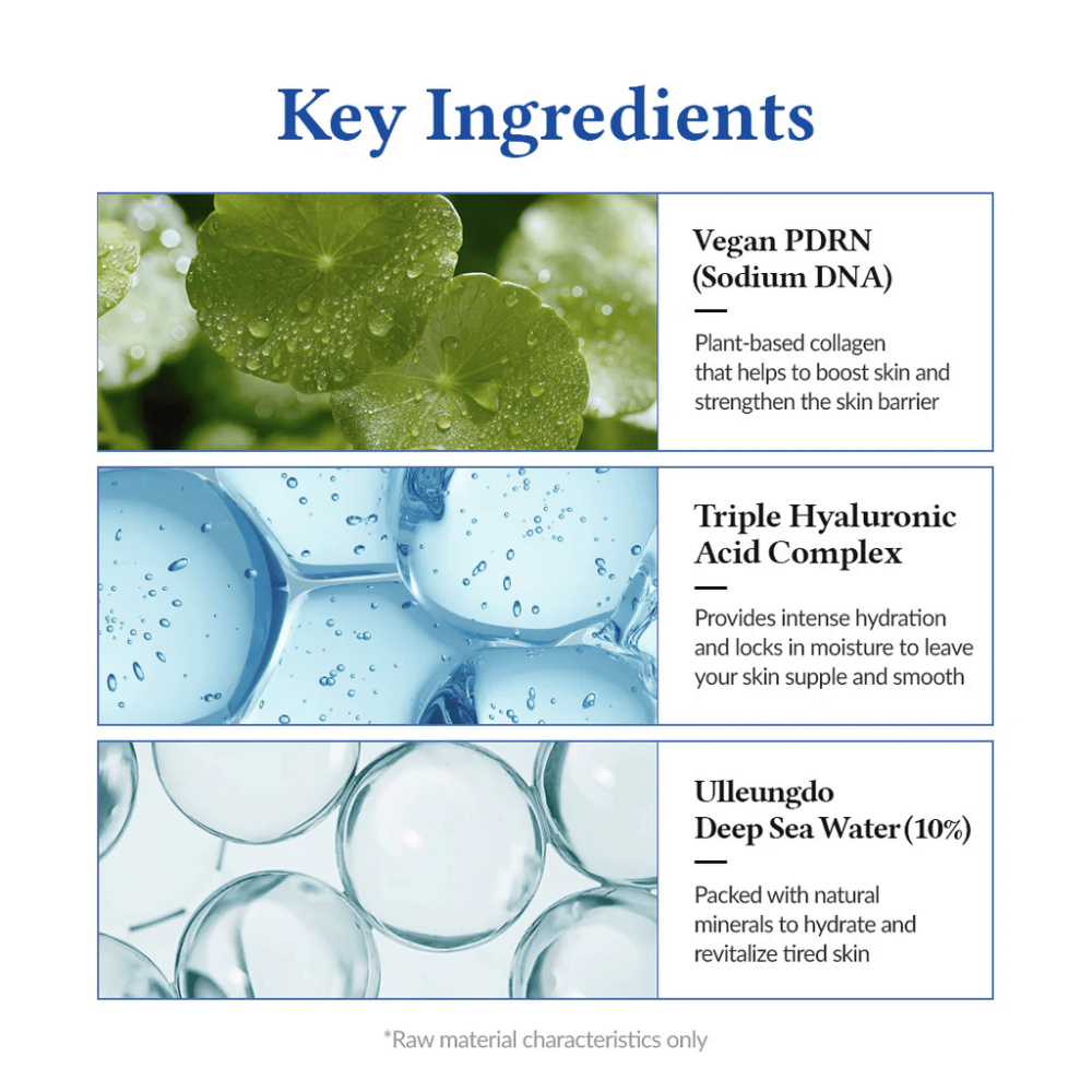 Tärkeimmät ainesosat Dr. Althea Aqua Marine Jelly Mist vegaanisella PDRN, hyaluronihapolla ja syvänmeren vedellä