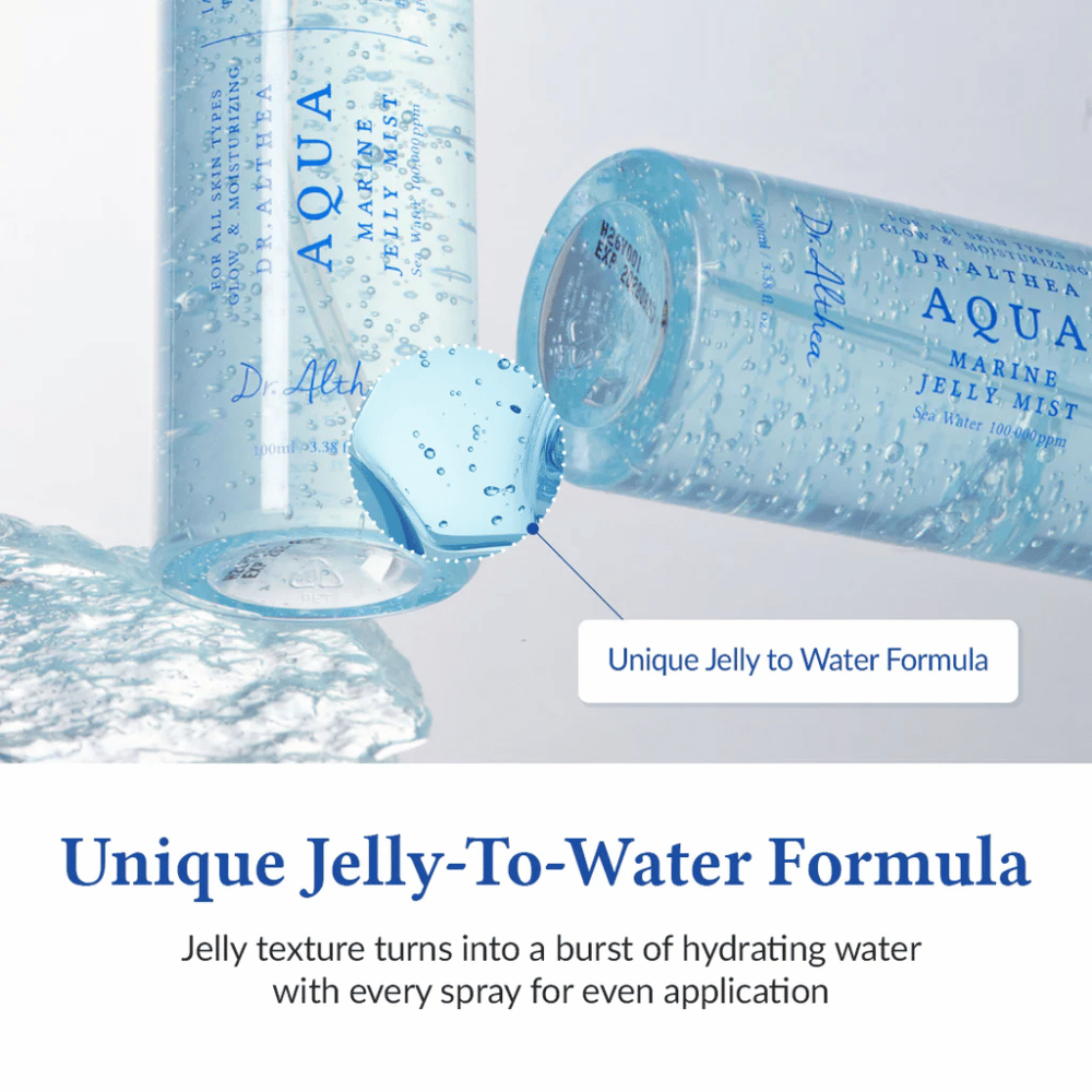 Dr. Althea Aqua Marine Jelly Mist ainutlaatuisella jelly-to-water-koostumuksella, joka aktivoituu suihkutettaessa ja antaa intensiivistä kosteutusta