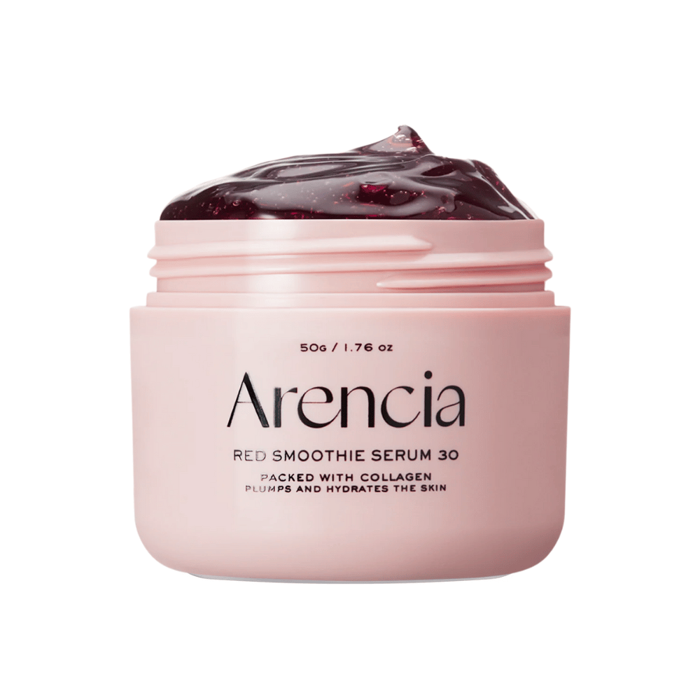 Lähikuva Arencia Red Smoothie Serum 30 pinkissä purkissa, täytetty syvänpunaisella geelillä kosteutukseen ja kimmoisuuteen.