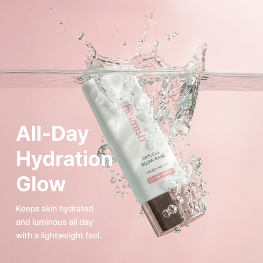 Heimish Artless Glow Base SPF50+ PA++++ – kosteuttava aurinkosuoja ja glow primer kevyellä koostumuksella koko päivän hehkua varten.