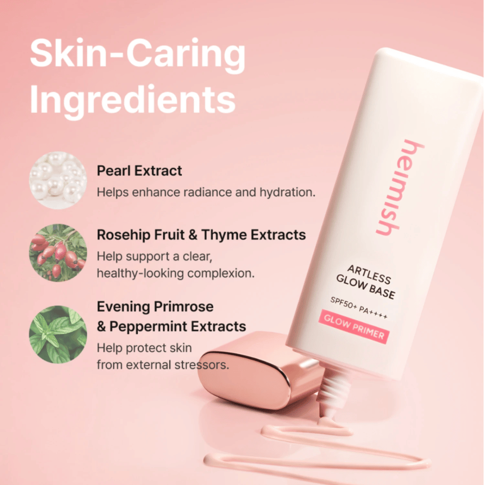 Heimish Artless Glow Base SPF50+ PA++++ päärynäuutteen, ruusunmarjan, timjamin, helokin ja piparmintun kanssa kosteutukseen ja hehkuun.