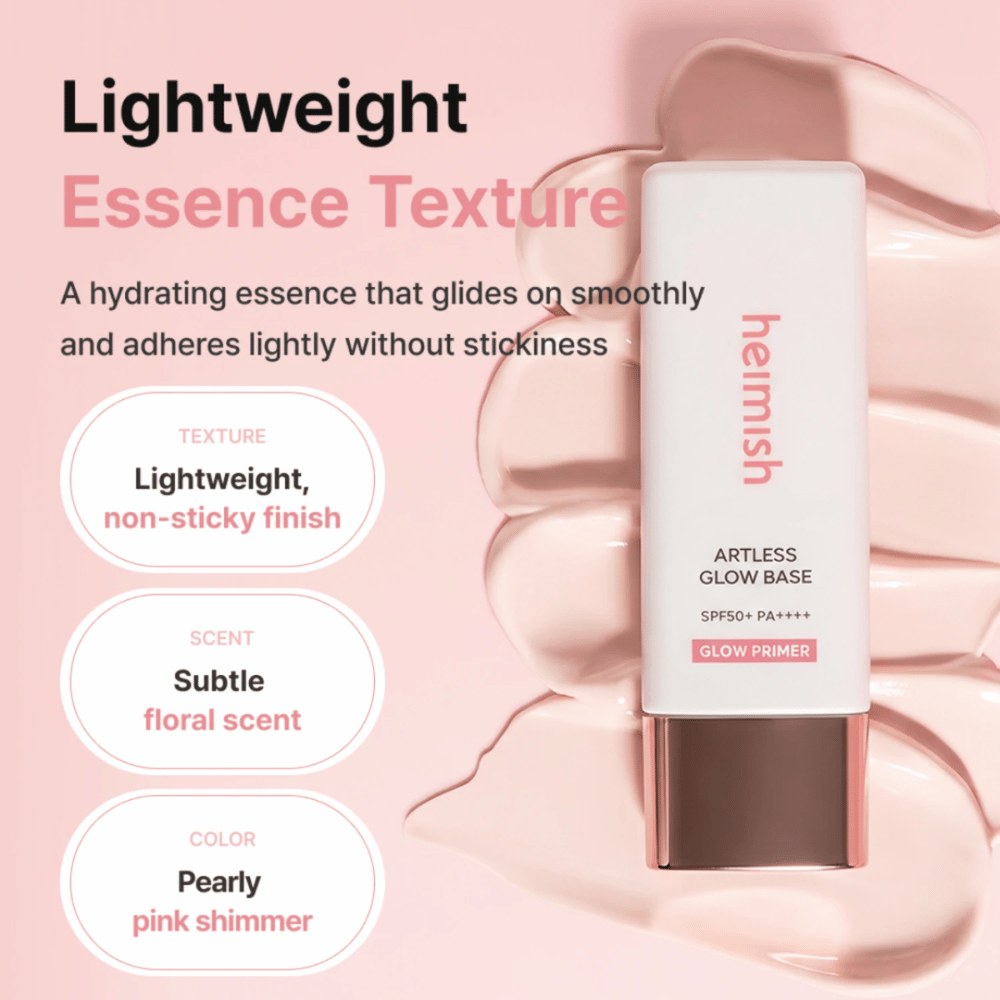 Heimish Artless Glow Base SPF50+ PA++++ – kevyt kosteuttava glow primer helmiäishohtoisella vaaleanpunaisella viimeistelyllä ilman tahmeaa tunnetta.