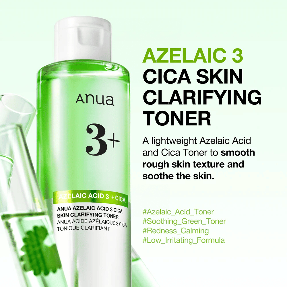 Anua Azelaic Acid 3 Cica Skin Clarifying Toner sisältää 3 % atselaiinihappoa ja centella asiaticaa, jotka kuorivat hellävaraisesti, rauhoittavat ihoa ja parantavat ihon kirkkautta.