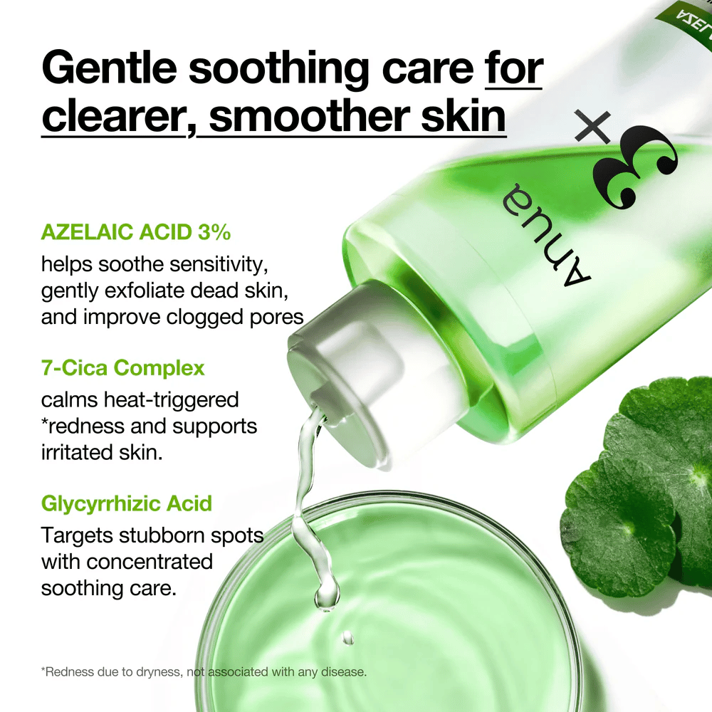 Anua Azelaic Acid 3 Cica Skin Clarifying Toner sisältää 3 % atselaiinihappoa, 7-Cica Complexia ja glykyrritsiinihappoa, jotka rauhoittavat herkkää ihoa ja vähentävät punoitusta.