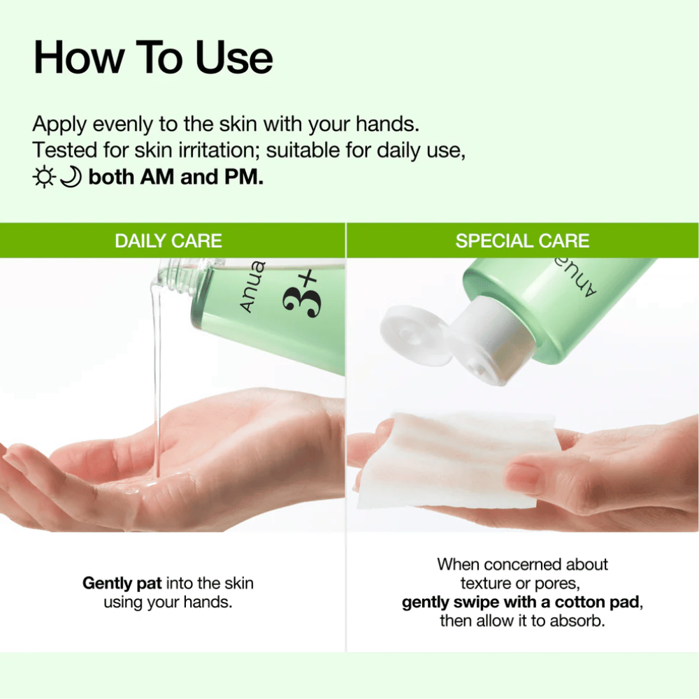 Anua Azelaic Acid 3 Cica Skin Clarifying Toner levitetään käsin tai vanulapulla ihon rauhoittamiseksi ja ihon rakenteen parantamiseksi.