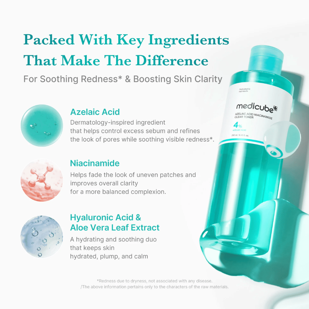 Medicube Azelaic Acid Niacinamide Clear Toner atselaiinihapon, niasiiniamidin, hyaluronihapon ja aloe veran kanssa kosteuttamaan, rauhoittamaan ihoa ja parantamaan ihon kirkkautta.
