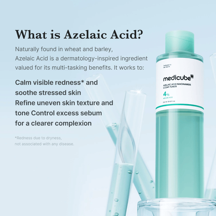 Medicube Azelaic Acid Niacinamide Clear Toner jossa on 4 % atselaiinihappoa, joka auttaa rauhoittamaan punoitusta, tasoittamaan ihonsävyä ja hallitsemaan ylimääräistä talia kirkkaamman ihon saavuttamiseksi.