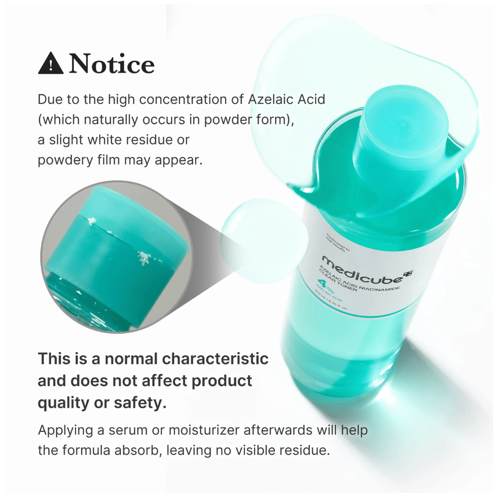 Medicube Azelaic Acid Niacinamide Clear Toner joka näyttää atselaiinihapon luonnollisia kidejäämiä ja selittää, että tämä on normaalia eikä vaikuta tuotteen laatuun tai turvallisuuteen.