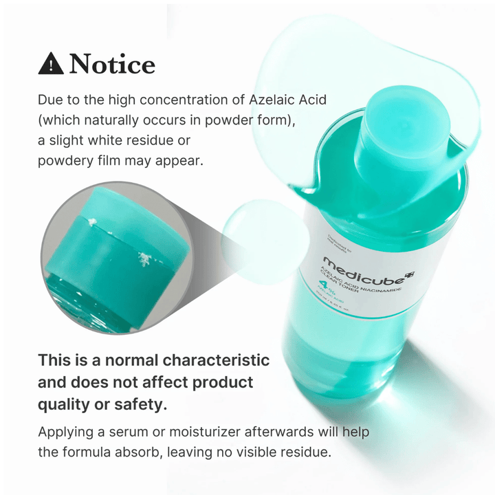 Medicube Azelaic Acid Niacinamide Clear Toner joka näyttää atselaiinihapon luonnollisia kidejäämiä ja selittää, että tämä on normaalia eikä vaikuta tuotteen laatuun tai turvallisuuteen.