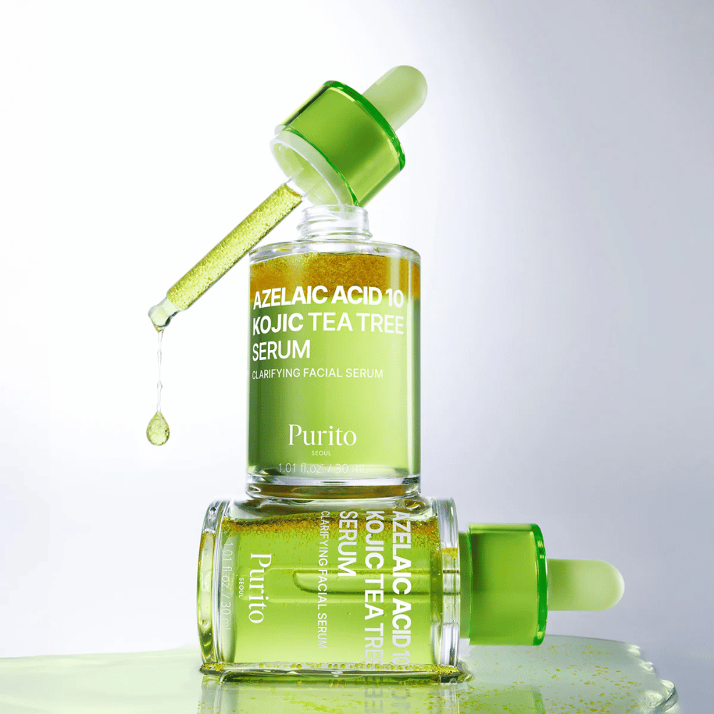 Purito Azelaic Acid 10 Kojic Tea Tree Serum – raikas vihreä koostumus pipetistä, joka näyttää seerumin kevyen tekstuurin.