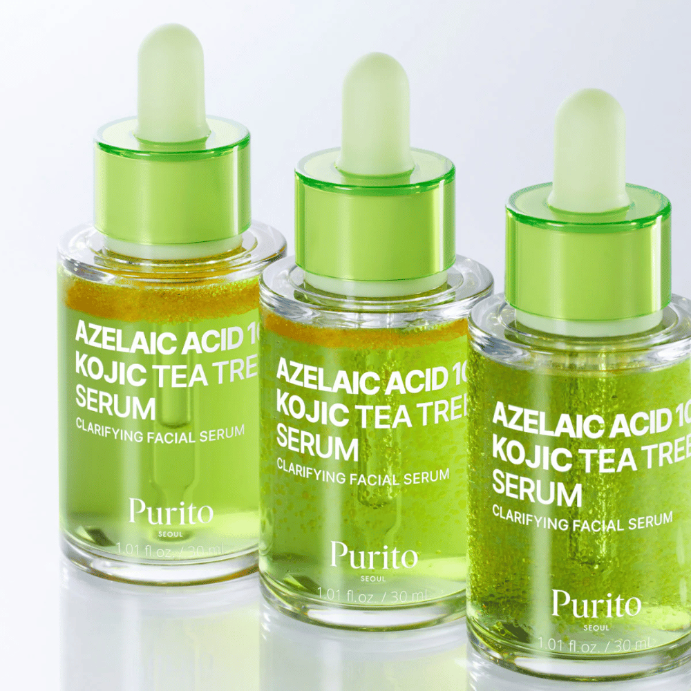 Kolme pulloa Purito Azelaic Acid 10 Kojic Tea Tree Serum. Koostumus tasapainottaa talia, vähentää huokosia ja antaa tasaisemman ihonsävyn.
