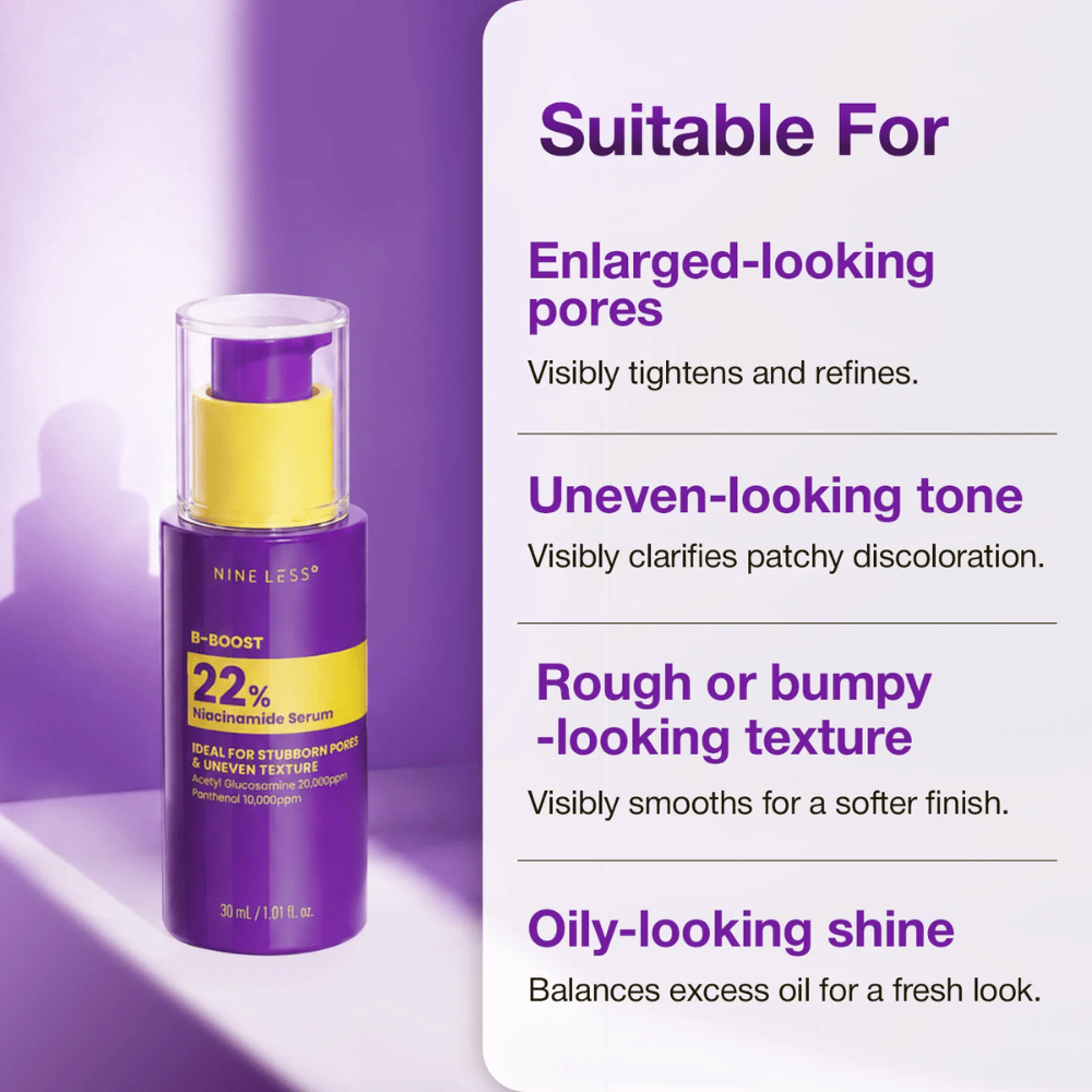 2. NINE LESS B-Boost 22% Niacinamide Serum – seerumi suurille ihohuokosille, epätasaiselle ihonsävylle ja karkealle ihon rakenteelle