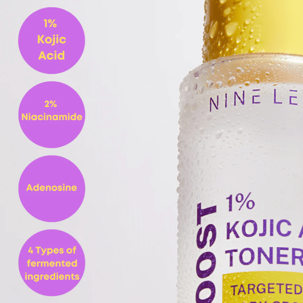 Pullo NINE LESS B-Boost 1% Kojic Acid Toner pisaroilla pinnalla. Esittelee avainainesosat: 1 % kojic-happo, 2 % niasiiniamidia, adenosiinia ja neljä tyyppiä fermentoituja ainesosia tummia läiskiä vastaan.