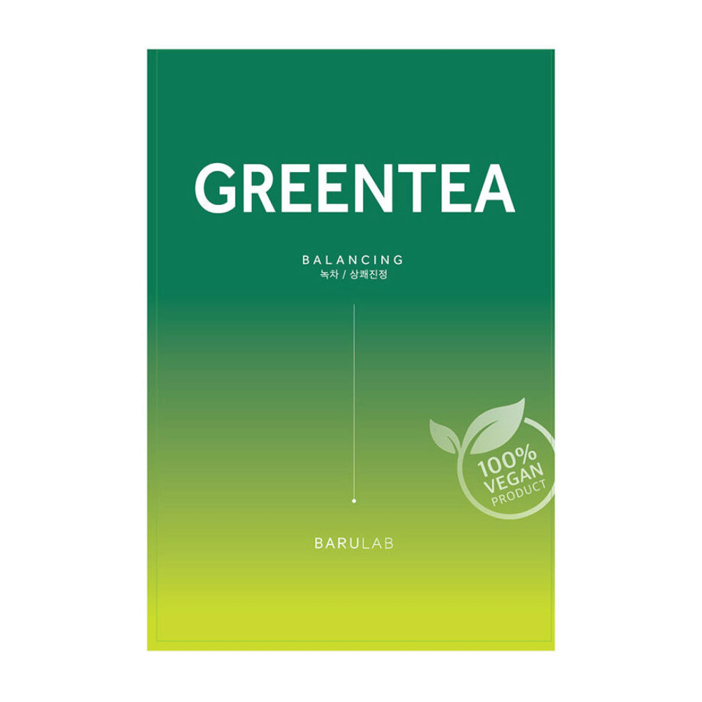 Pakkaus BARULAB "GREENTEA Balancing" -maskille, merkitty "100% Vegan Product". Pakkauksessa on värigradientti tummanvihreästä vaaleankeltaiseen.